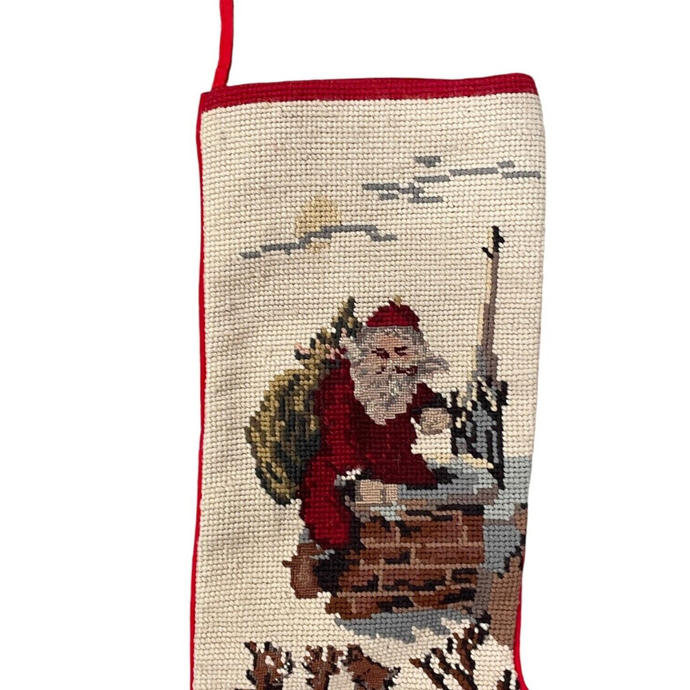 Vtg Needlepoint Cross Stitch Christmas Stocking Santa Chimney Sleigh Velvet Back - Picture 2 of 7